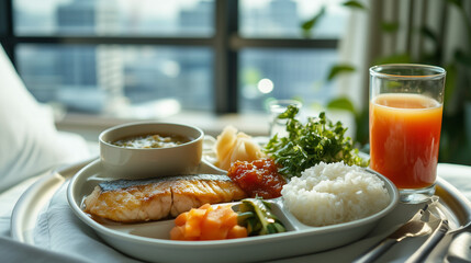 Healthy breakfast tray with salmon, rice, vegetables, and juice served by the window