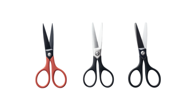 Three pairs of scissors in red, silver, and black  on a transparent background