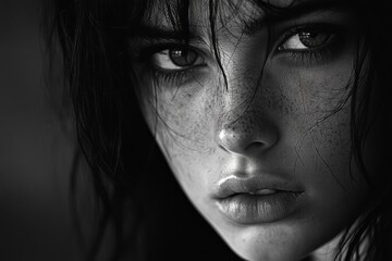 Fototapeta premium Black and white close-up portrait of a young woman with intense gaze