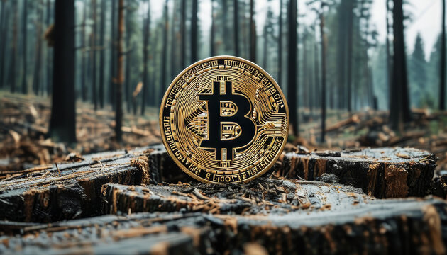 ESG-Concept, Bitcoin and Deforestation: felled tree trunks in a deforested area, indirect consequences of high energy demands leading to environmental degradation, reality of ecological harm causes by