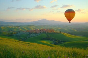 Obraz premium Green rolling hills with hot air balloon under clear blue sky