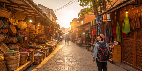 Obraz premium A Bustling Market Bathed in Warm Glow from the Morning Sun