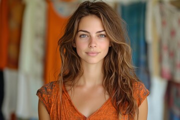 Naklejka premium Portrait of young woman with long hair and natural makeup