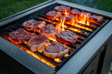 Grilling fresh meat cuts on a barbecue with flames rising at sunset in an outdoor setting