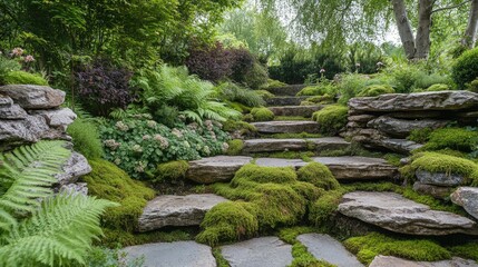 Fototapeta premium Serene Garden Pathway Surrounded by Lush Greenery and Moss