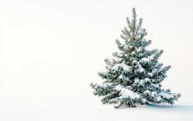 Fototapeta premium A spruce tree with dense, conical branches covered in green needles on a pristine white surface