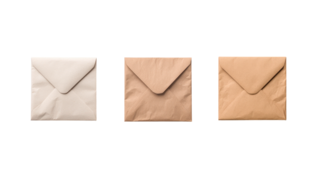 Three envelopes in various colorson a transparent background