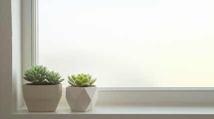 Fototapeta premium Two potted plants sit on a windowsill, one of which is a succulent