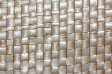 Close-up of a woven texture with intersecting light beige or off-white strands forming a grid pattern. Represents natural fibers or textile detail