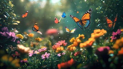 Vibrant Scene of Colorful Butterflies in a Flower Garden