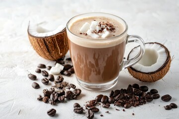 Keto beverage coffee and cacao mixed with coconut oil Bulletproof coffee with ingredients on a white background