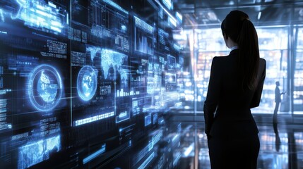 A 3D rendering of a businesswoman managing a team of remote workers using a 3D digital workspace for meetings and collaborative projects illustrations