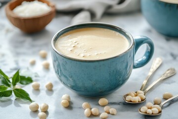Keto coffee in a blue cup with coconut oil beans and greenery on a marble table against a grey wall