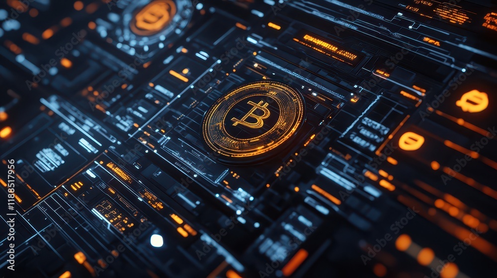 Wall mural 3d visualization of a fintech platform displaying cryptocurrency transactions and digital banking in