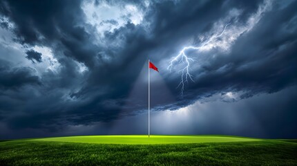 Golf course with flag under dramatic storm and lightning