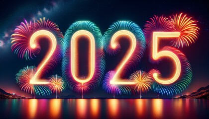 暗い夜空を明るく照らす、輝く花火で形作られた「2025」