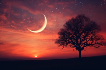 A captivating crescent moon set against a vibrant orange sky at dusk.