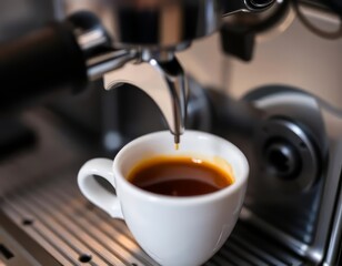 Espresso pouring into a white coffee cup, close-up.
