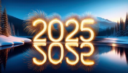 穏やかな氷の湖に映る、金色の火花で作られた「2025」