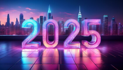きらめく光に包まれたホログラフィックな「2025」
