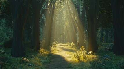 Obraz premium Warm Sunbeams Shine Through Dense Forest Canopy in Tranquil Path