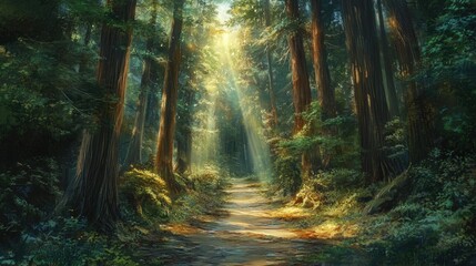 Fototapeta premium Serene Forest Path Illuminated by Sunlight in Tranquil Environment