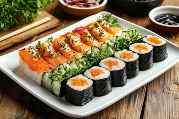 Kimbap a popular Korean dish served on a white plate consists of steamed rice shrimp eggs meat and vegetables wrapped in seaweed