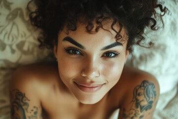 Fototapeta premium Commercial digital ads concept art. Attractive happy mixed-race girl - for ads, banner and online banner networks use. Short hairdo - curly hair. Advertising beauty portrait. Colored girl.