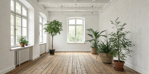 A Bright and Airy Sparsely Furnished White Room with a Wooden Floor