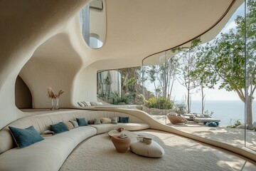 Fototapeta premium Modern Coastal Home Interior Design Featuring Organic Curves
