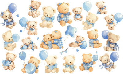 teddy bear with blue ballon watercolor clipart