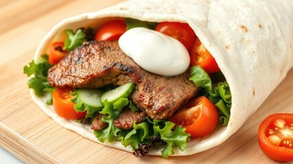 A juicy beef fillet wrapped in a crispy flour tortilla with mixed greens, sliced cucumbers, and cherry tomatoes, topped with a dollop of creamy tzatziki sauce, food, lunch