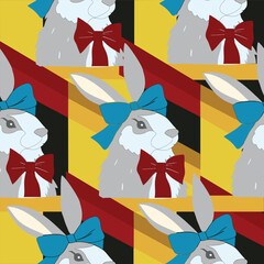 A fat gray rabbit tied with a dark blue bow. colorful geometric graphic background completely black background. Vector seamless pattern.