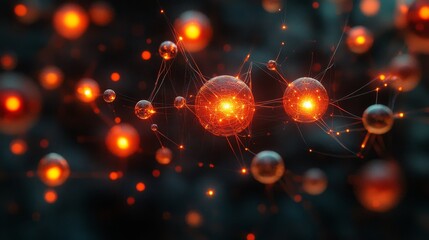 Abstract Glowing Spheres Connected by Fine Lines Representing Networks and Interconnectivity with a dark background
