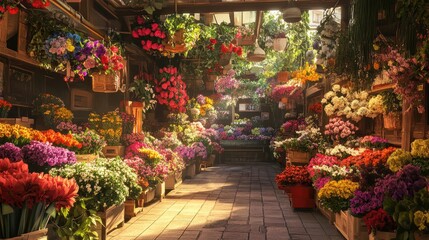 Obraz premium Vibrant Flower Market Filled with Colorful Blooms and Greenery
