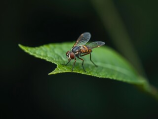 Fototapeta premium A hover fly Syrphidae settles onto the surface of a small green leaf, settling motion, green leaf