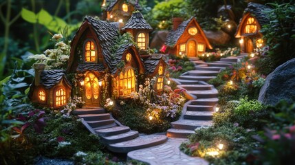 Enchanted Fairy Tale Cottage Pathway with Glow and Lush Greenery