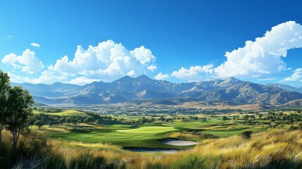 Naklejka premium Scenic golf course with mountain view under clear blue sky.