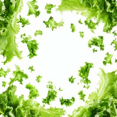 Obraz premium Fresh green lettuce leaves rotating and floating on a white background, creating a vibrant and healthy image