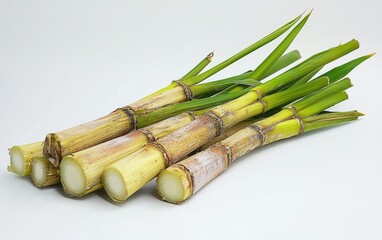 Fototapeta premium A sugarcane plant with its tall, jointed stalks and narrow leaves on a bright white surface