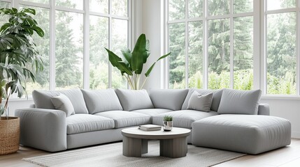 Bright modern living room with gray sectional sofa and indoor plants.