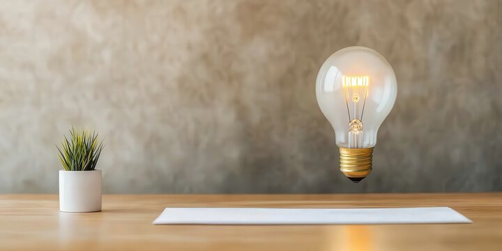 legislation policy enforcement concept. A glowing light bulb hovers above a clean desk with a small plant and blank paper against a textured wall.