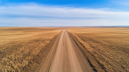 legislation policy enforcement concept. Endless dirt road stretches through an open, golden landscape beneath a clear blue sky.