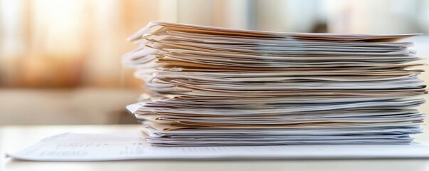legislation policy enforcement concept. Stack of disorganized papers with a blurred background, suggesting a busy office environment.