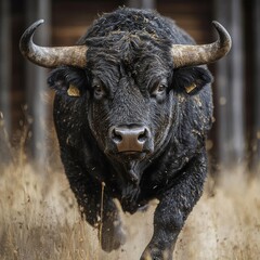 Naklejka premium [Bull] African Buffalo Migrates Through Open Savannah Landscape Conservation Wildlife Sanctuary Boundaries