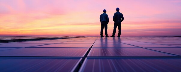 legislation policy enforcement concept. Two workers stand on solar panels at sunset, overlooking a colorful horizon and promoting renewable energy.