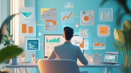 Fototapeta premium A 3D model of a businessman working remotely on a business project, surrounded by floating 3D icons of communication tools, data analytics, and financial charts in a digital workspace illustrations