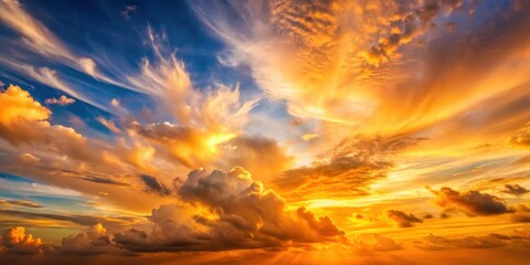 Fototapeta premium Soft golden hues and gentle orange tones dance across a majestic sky with wispy clouds, as a serene sunset unfolds softly in the background, soft focus, clouds
