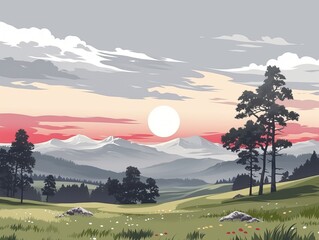 A serene landscape at sunset, featuring mountains, lush fields, and silhouetted trees under a cloudy sky.