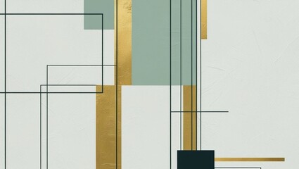 A minimalist geometric abstract composition featuring intersecting lines, rectangles, and blocks in gold, green, and black tones on a light background, showcasing a clean